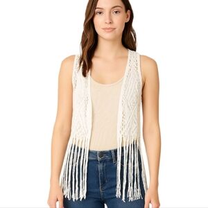 ​Black Poppy Cream Crochet Fringe Vest Boho Festival Open Knit Layering Top M/L